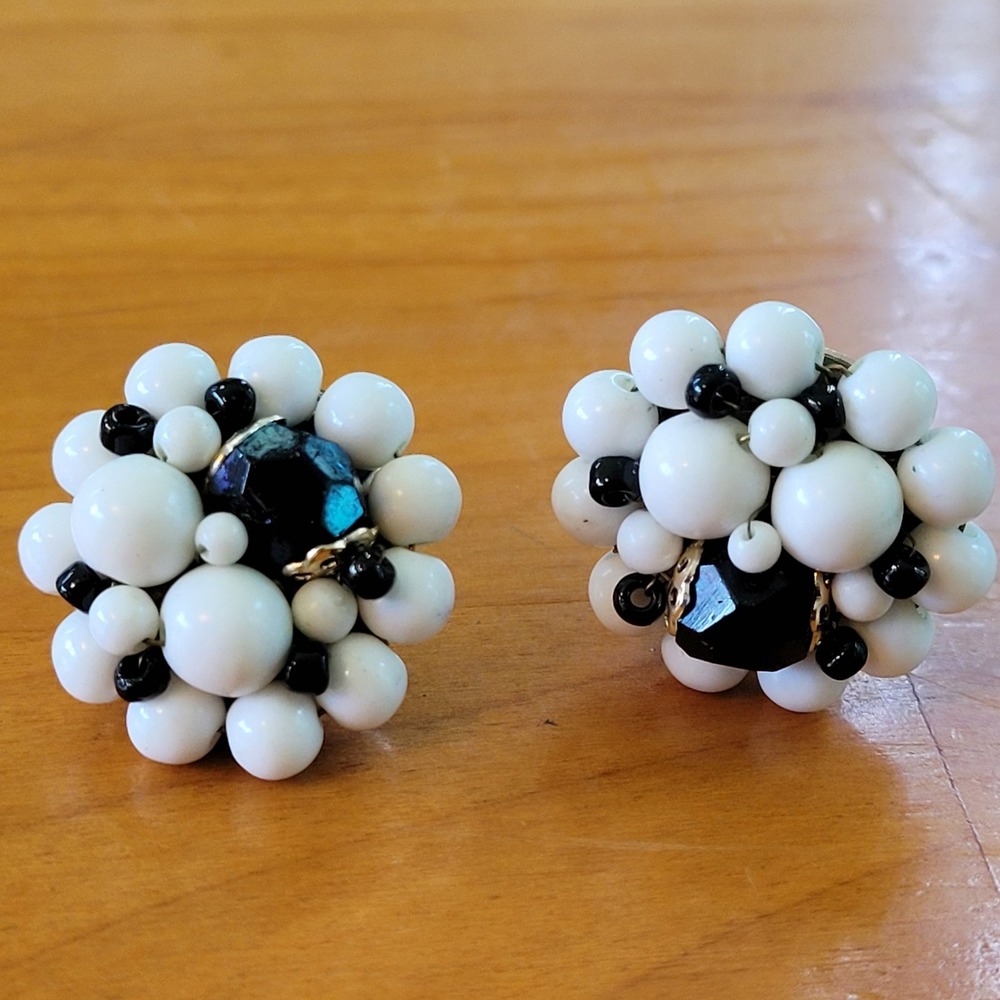 Vtg Japan Black White Cluster Bead Clip On Earrings 1950s MCM Faux Milk Glass